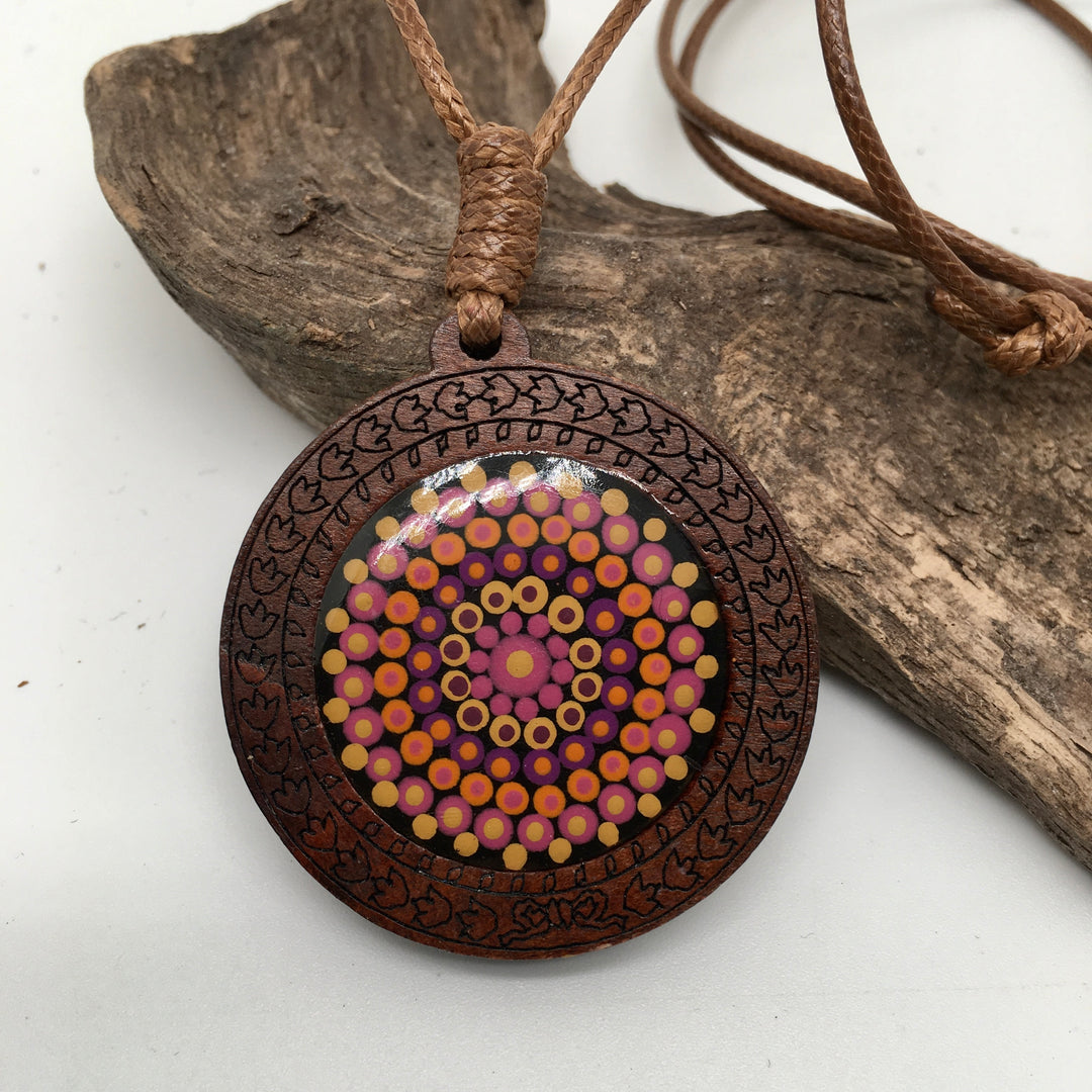 Leather Necklace with Wooden Mandala Pendant