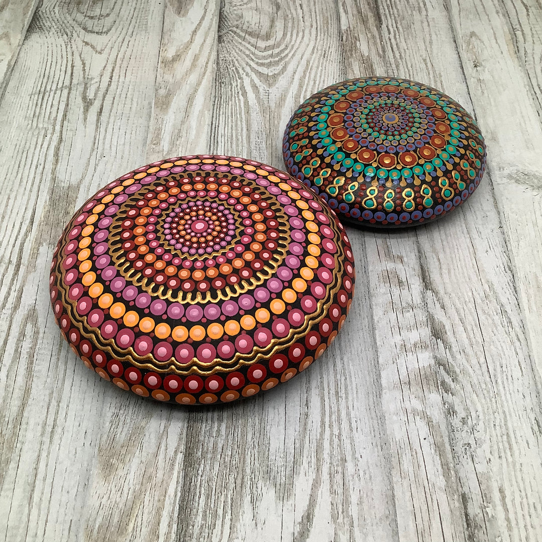 Dot-painted Mandala Stone in Pink, Orange, Red and Gold medium