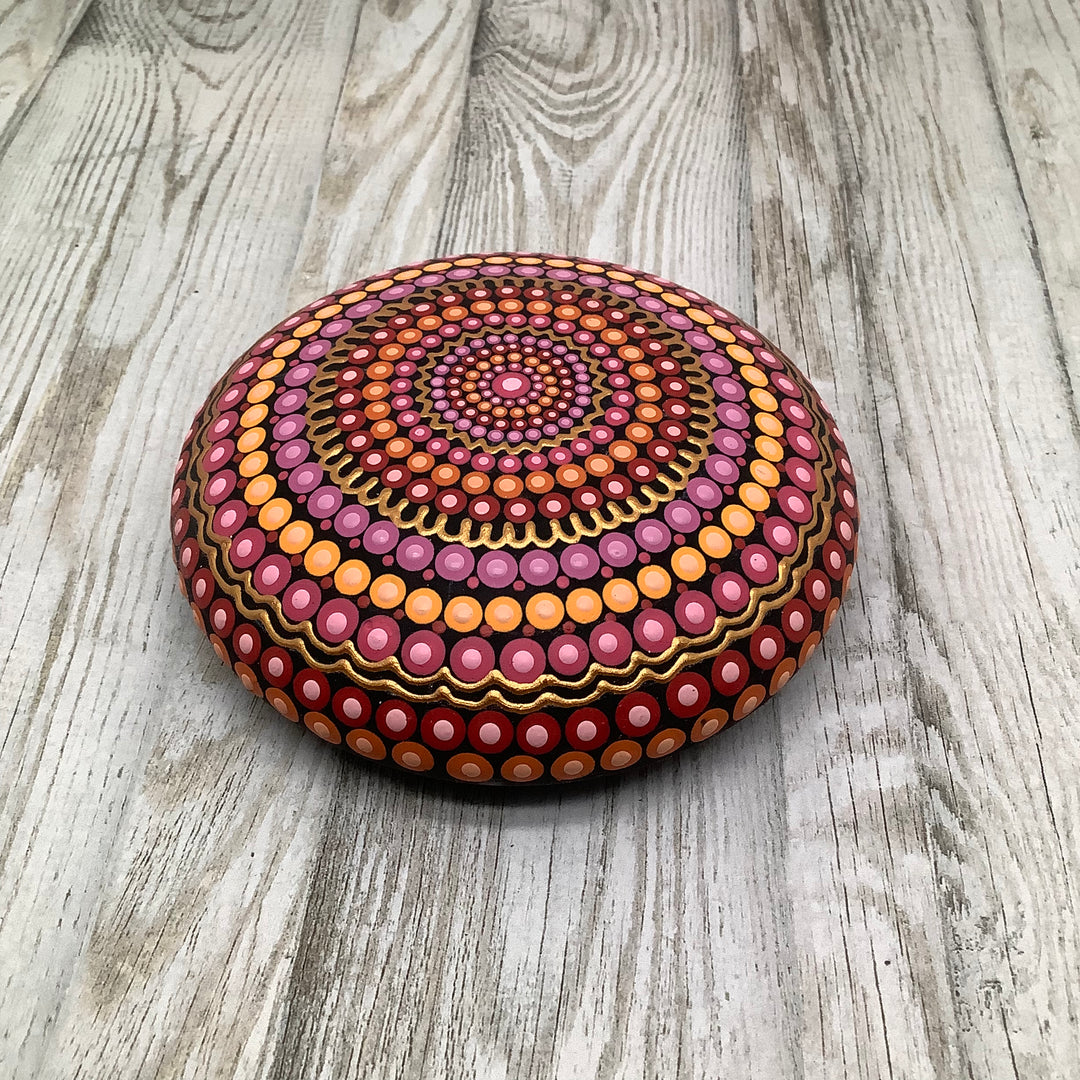 Dot-painted Mandala Stone in Pink, Orange, Red and Gold medium