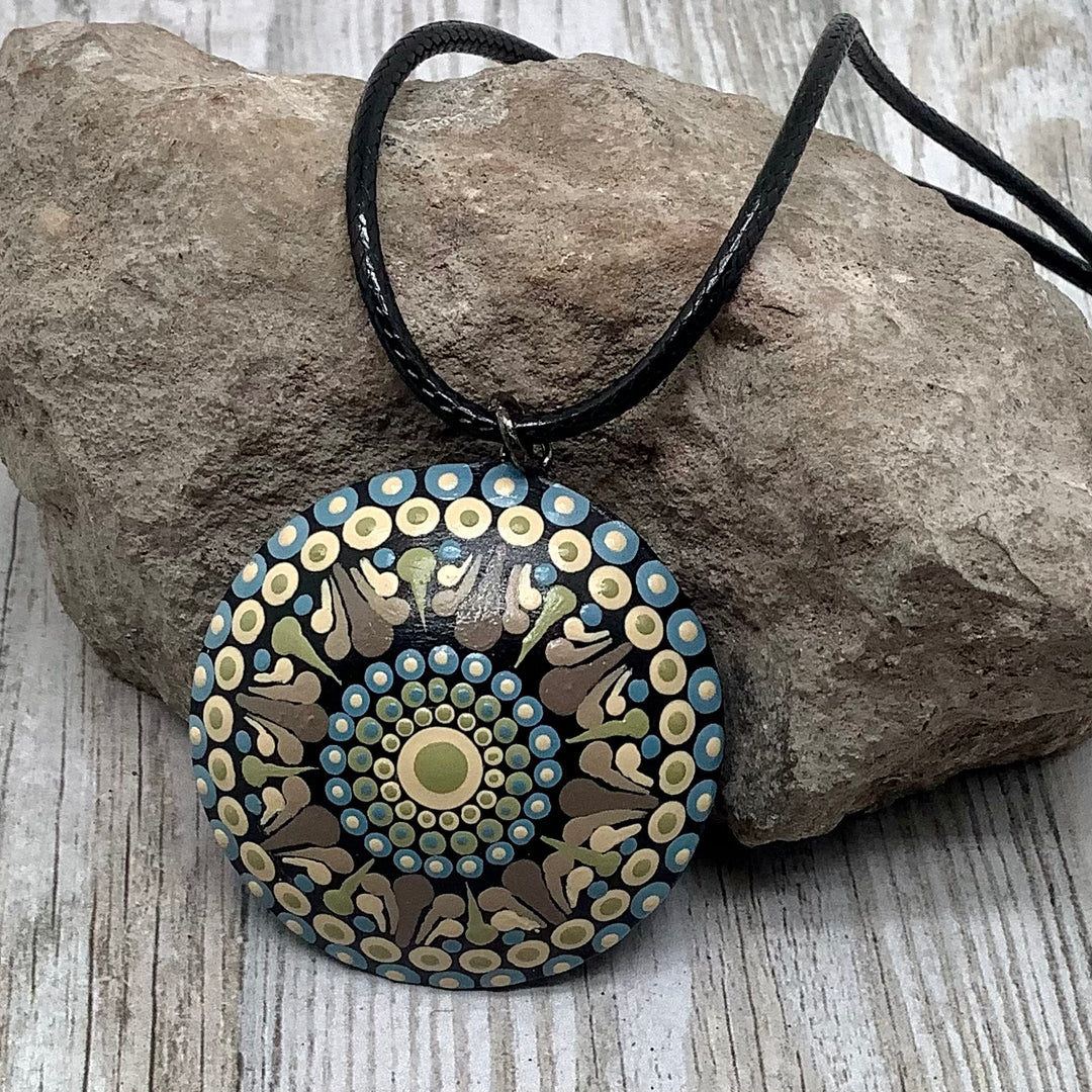 Necklace Dot Mandala Pendant Taupe, Soft Green and Light Blue