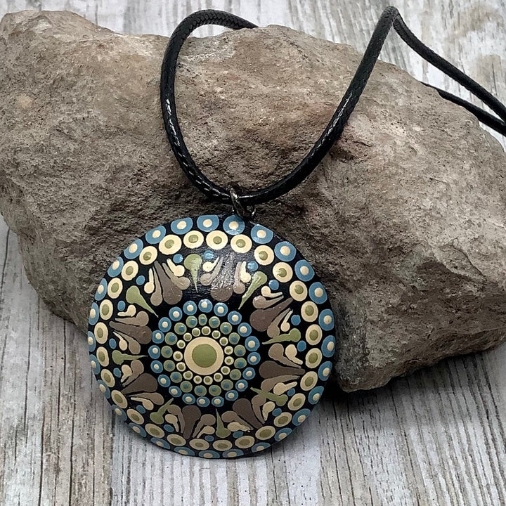 Necklace Dot Mandala Pendant Taupe, Soft Green and Light Blue