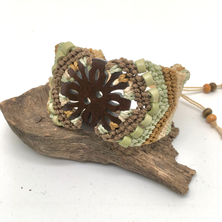 Macrame Bracelet Cuff in Soft Green, Brown and Ecru