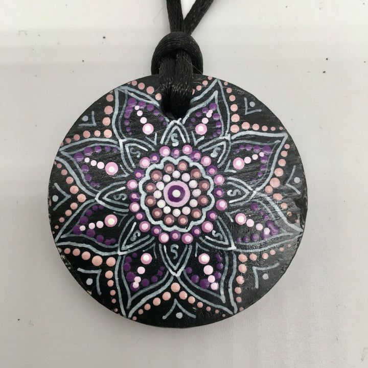 Necklace Round Pendant Mandala Pink and Purple