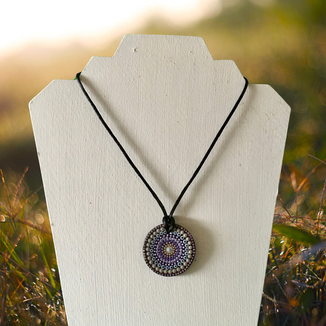 Necklace Round Pendant Mandala in Sand, Purple and Pink