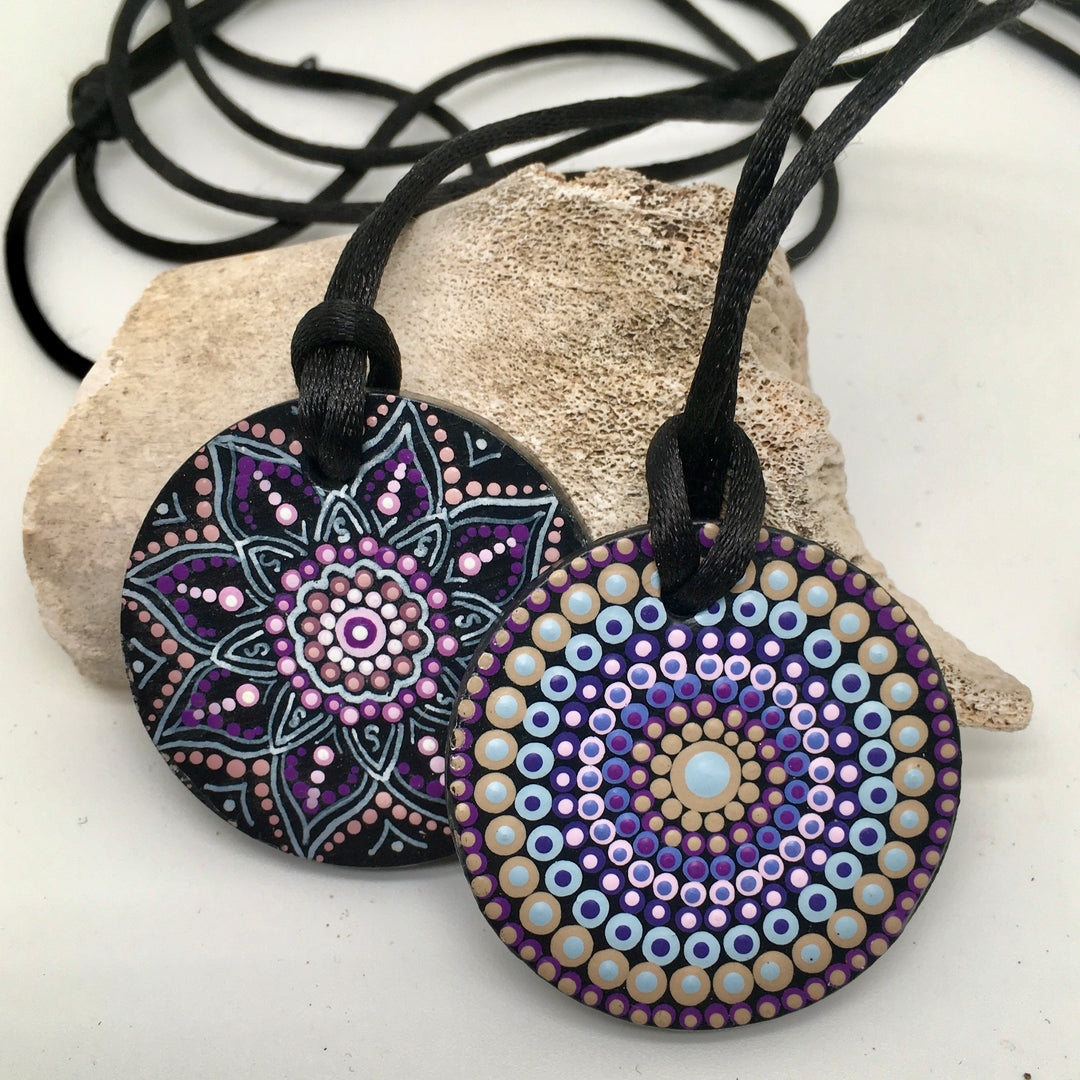 Necklace Round Pendant Mandala Pink and Purple