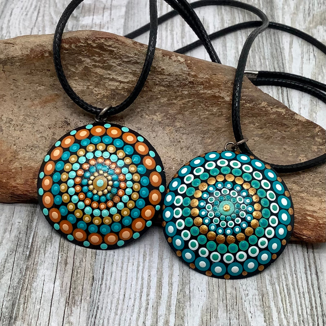 Mandala Necklace Dot Art in turquoise, orange and blue