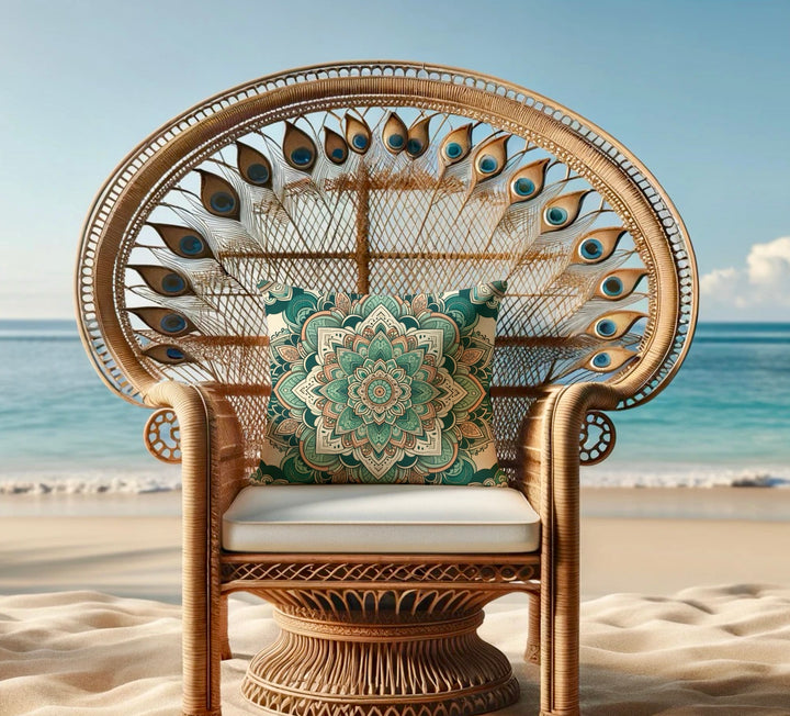 Big rotan chair on the beach with a mandala throw pillow