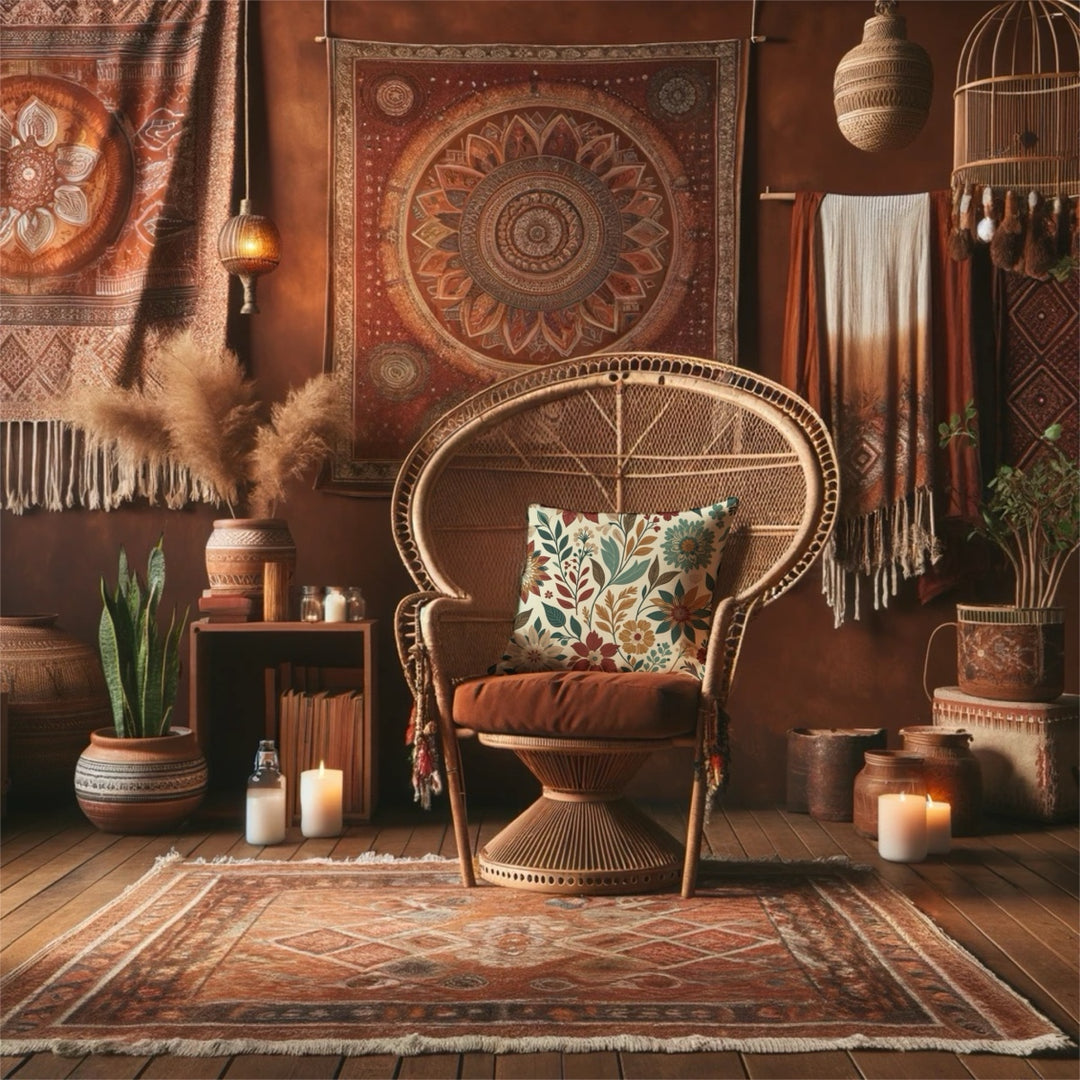 A cozy, bohemian-style room with earthy tones featuring a rattan chair, decorated with a cushion showcasing a vibrant floral pattern in autumnal colors. The background includes rich, patterned tapestries, various rustic decor items, potted plants, and soft candlelight, creating a warm and inviting atmosphere.