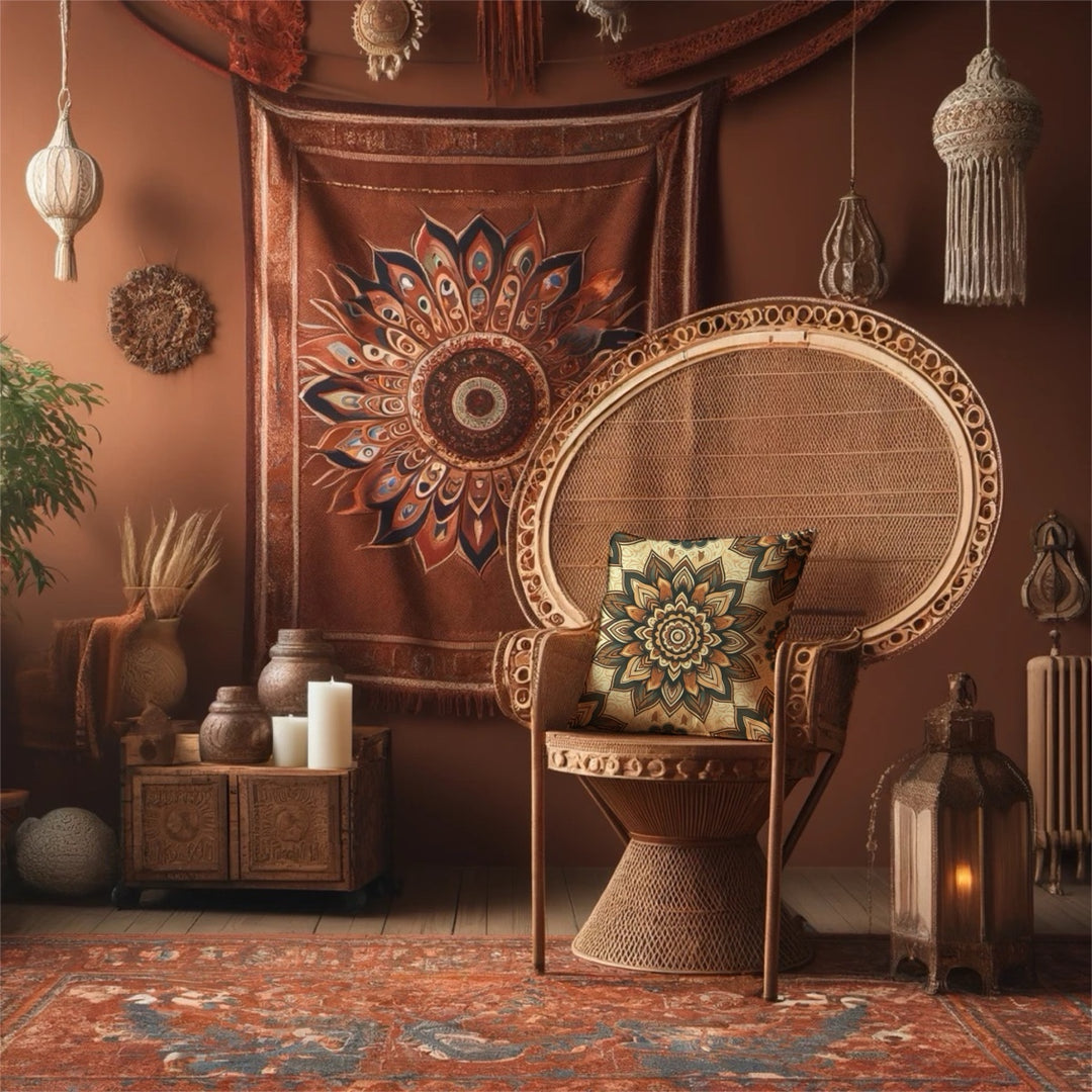 A cozy, bohemian-style room with earthy tones featuring a rattan chair, decorated with a cushion showcasing a detailed mandala design in warm brown, gold, and cream hues. The background includes a large, matching mandala tapestry, various rustic decor items, and soft lighting from a lantern.