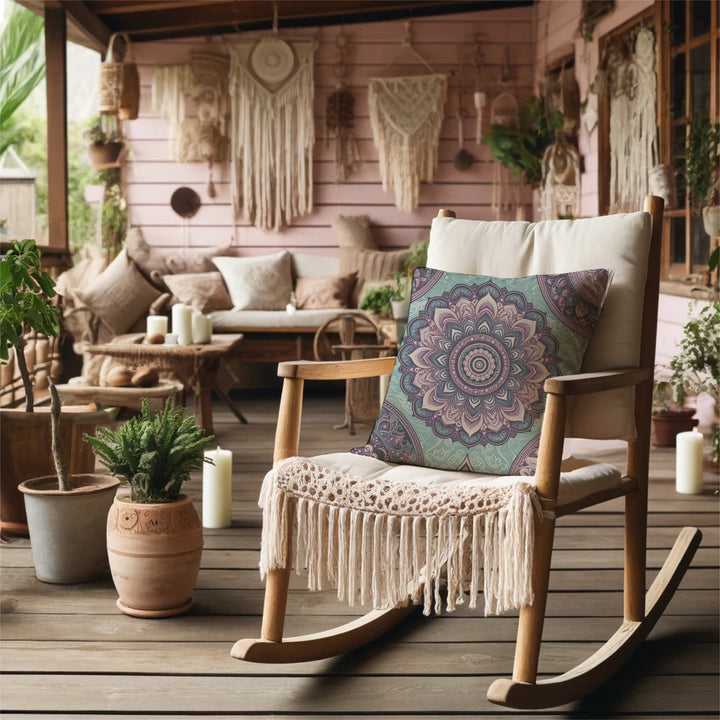 Decorative throw pillow with intricate mandala design in soft blue and vintage pink, placed on a wooden bench with candles and plants in the background.