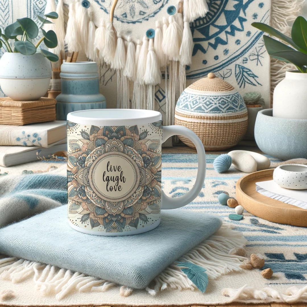 White ceramic mug with a detailed blue and beige mandala design and the phrase 'Live Laugh Love' in the center, placed in a cozy bohemian-style room with blue and earthy-toned decor, including woven baskets, patterned cushions, pottery, and indoor plants.