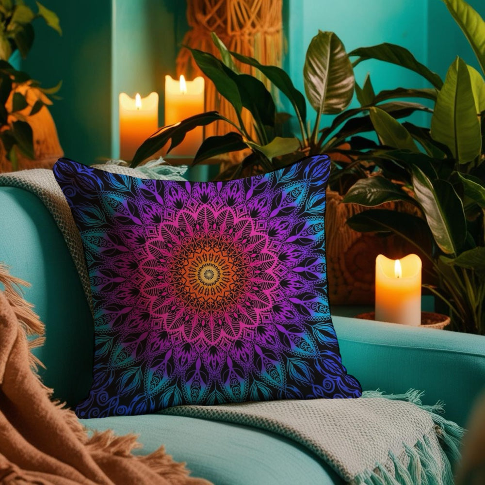 Boho Fiesta: Bright Mandala Throw Pillow with Orange, Pink, Purple & Blue