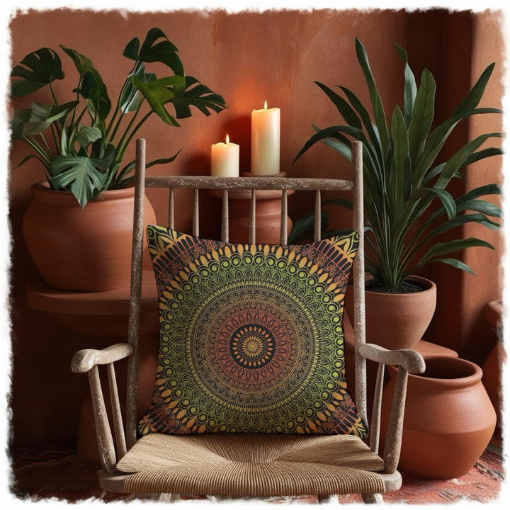 Rustic Charm: Mandala Throw Pillow in Terracotta & Green with Henna Details