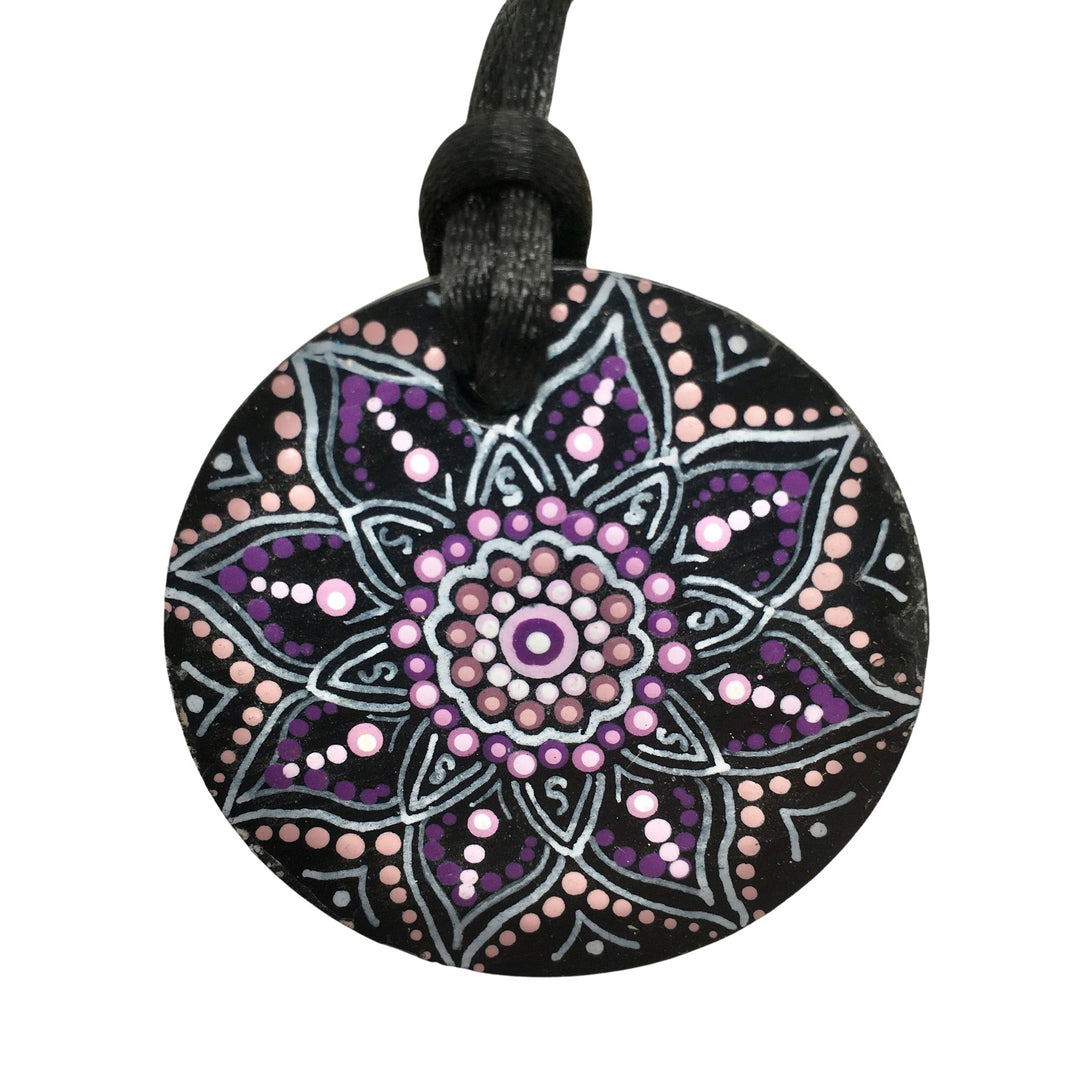 Necklace Round Pendant Mandala Pink and Purple