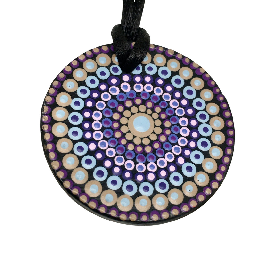 Necklace Round Pendant Mandala in Sand, Purple and Pink