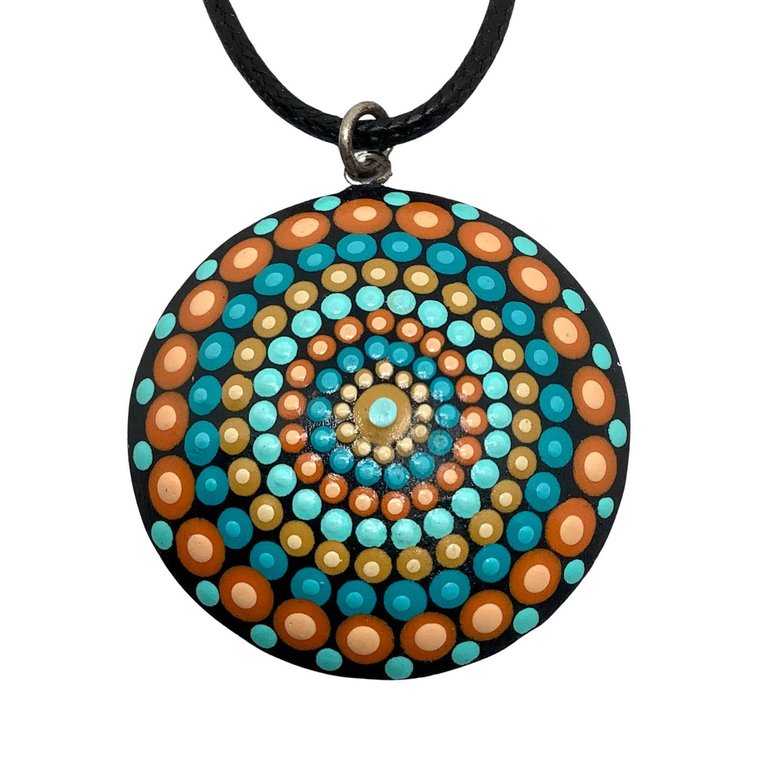 Mandala Necklace Dot Art in turquoise, orange and blue