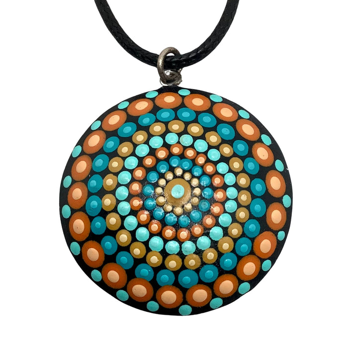 Mandala ketting Dot Art in turkoois, oranje en blauw