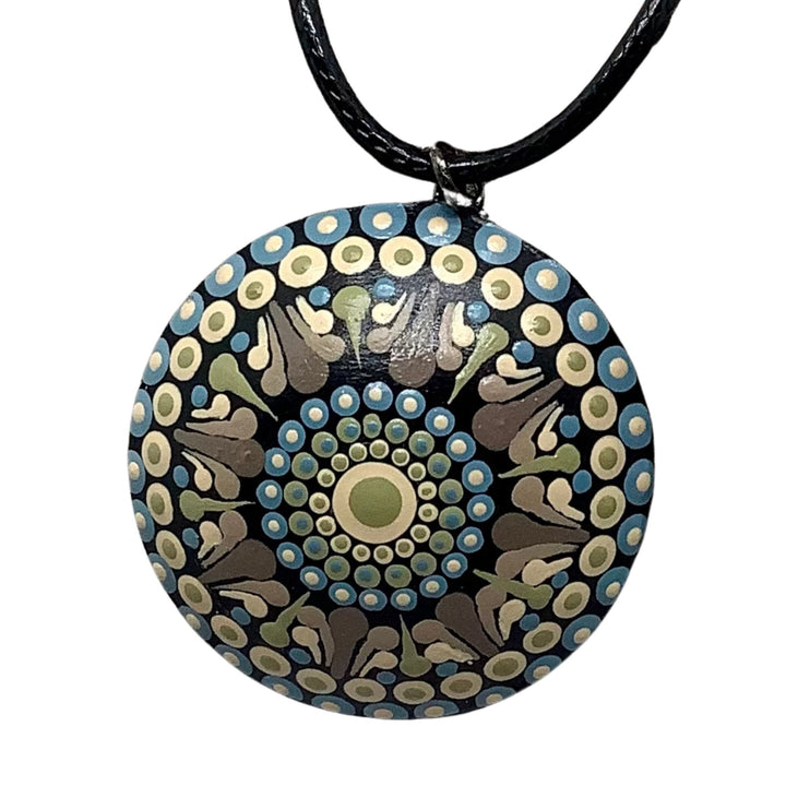 Necklace Dot Mandala Pendant Taupe, Soft Green and Light Blue