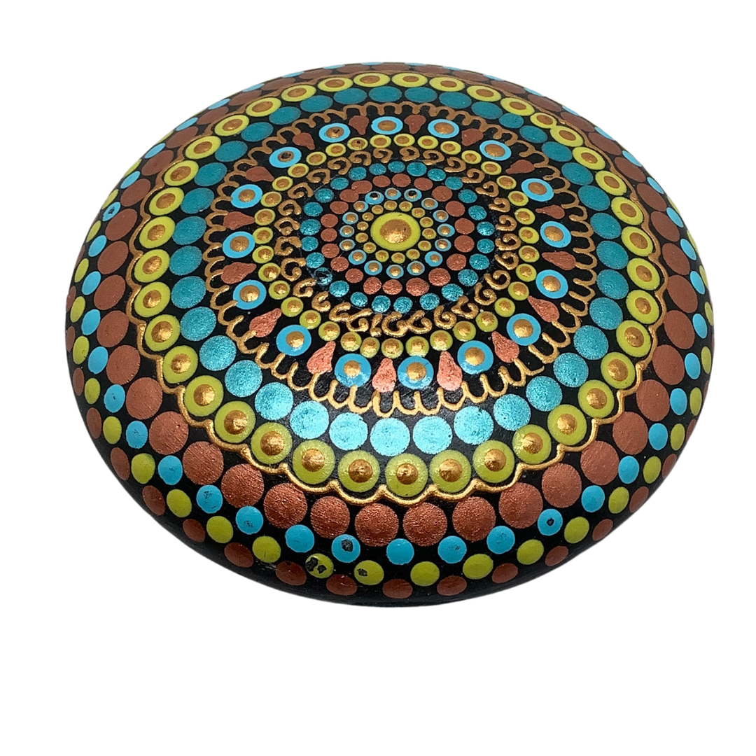 Mandala Rock in Copper, Turquoise and Yellow small