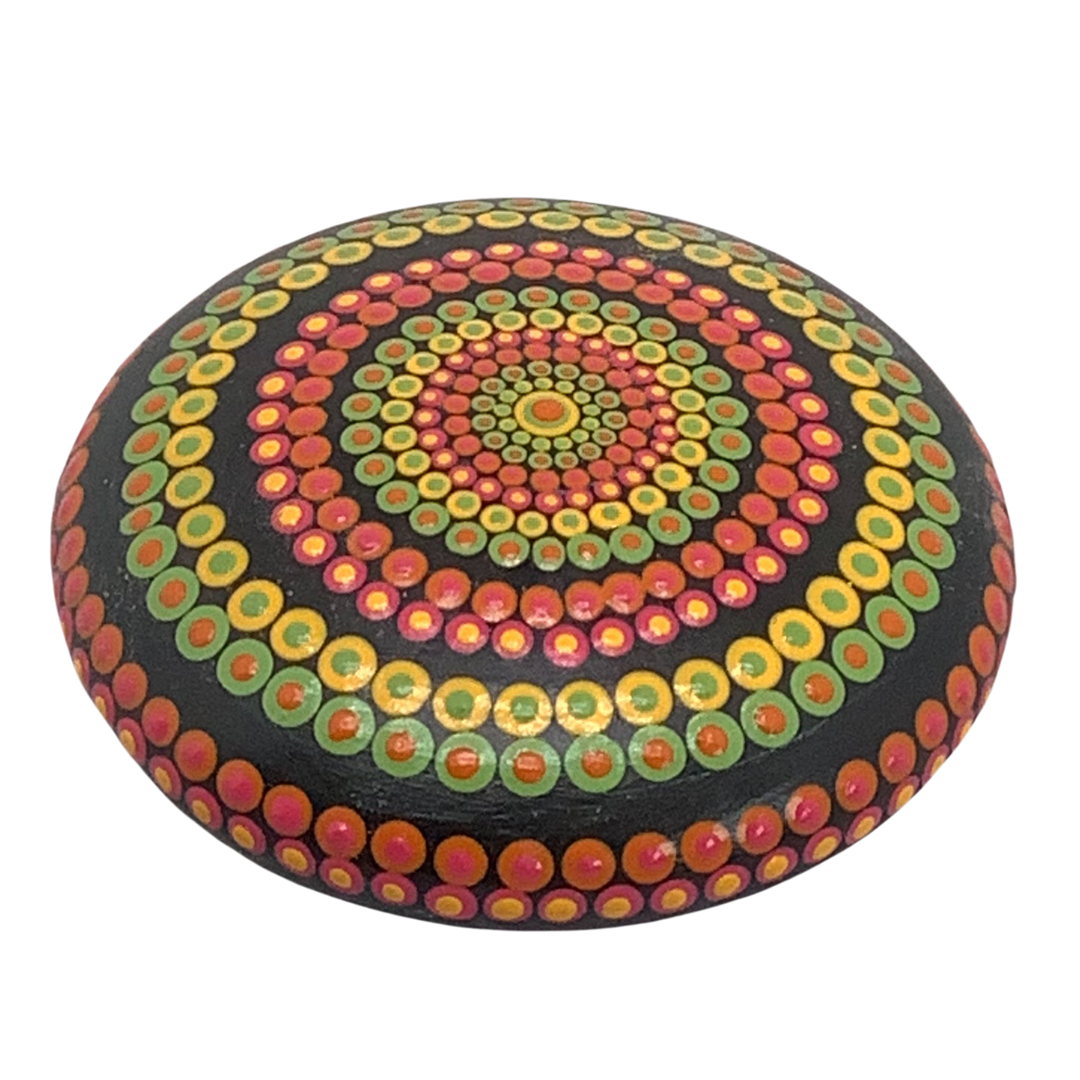 Mandala Steen Dot Art in groen, rood en geel 