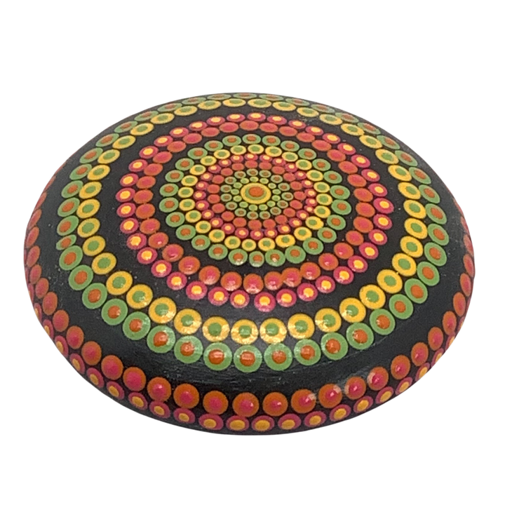 Mandala Steen Dot Art in groen, rood en geel 