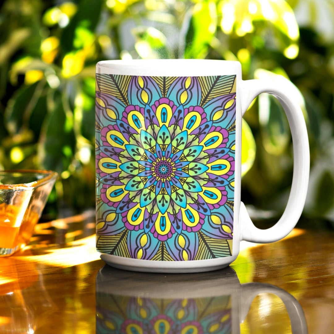 Green Yellow Purple Mandala Mug | Flower Mandala Mug | Mandala Stone