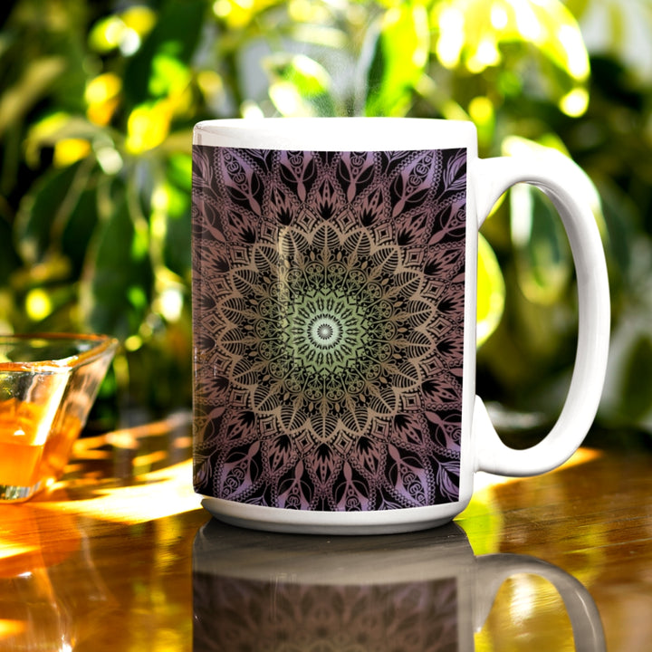 Pastel Mandala Mug with shades of purple, salmon, and yellow, featuring intricate mandala design