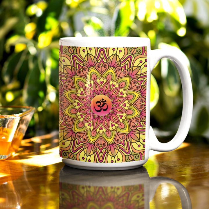 Soft Yellow and Pink Mandala Mug in boho style, featuring a playful Ohm sign in the center