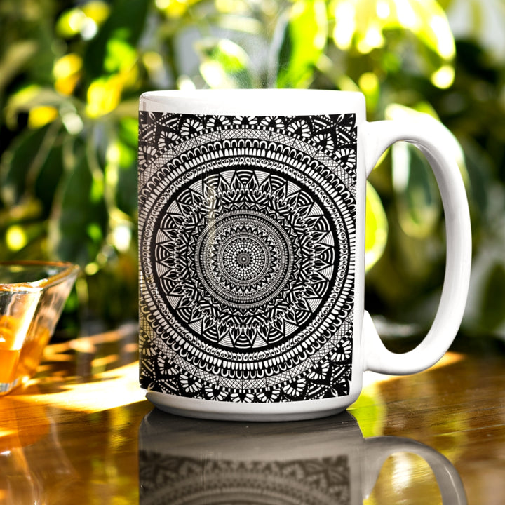 Black and White Mandala Mug with intricate monochrome design