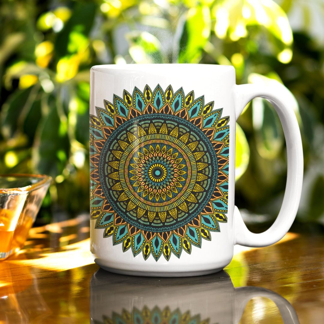 A white mug adorned with a playful mandala design, adding whimsical charm to your everyday moments.