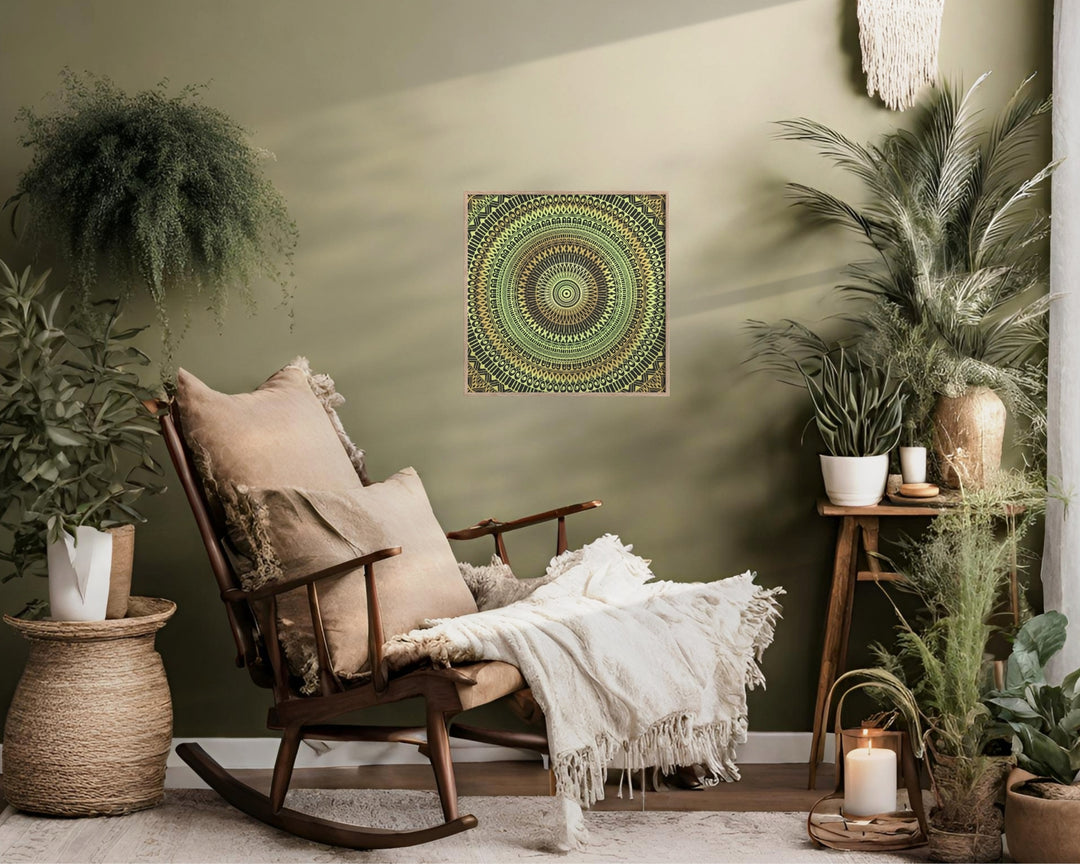 mandala poster in soft green and oker