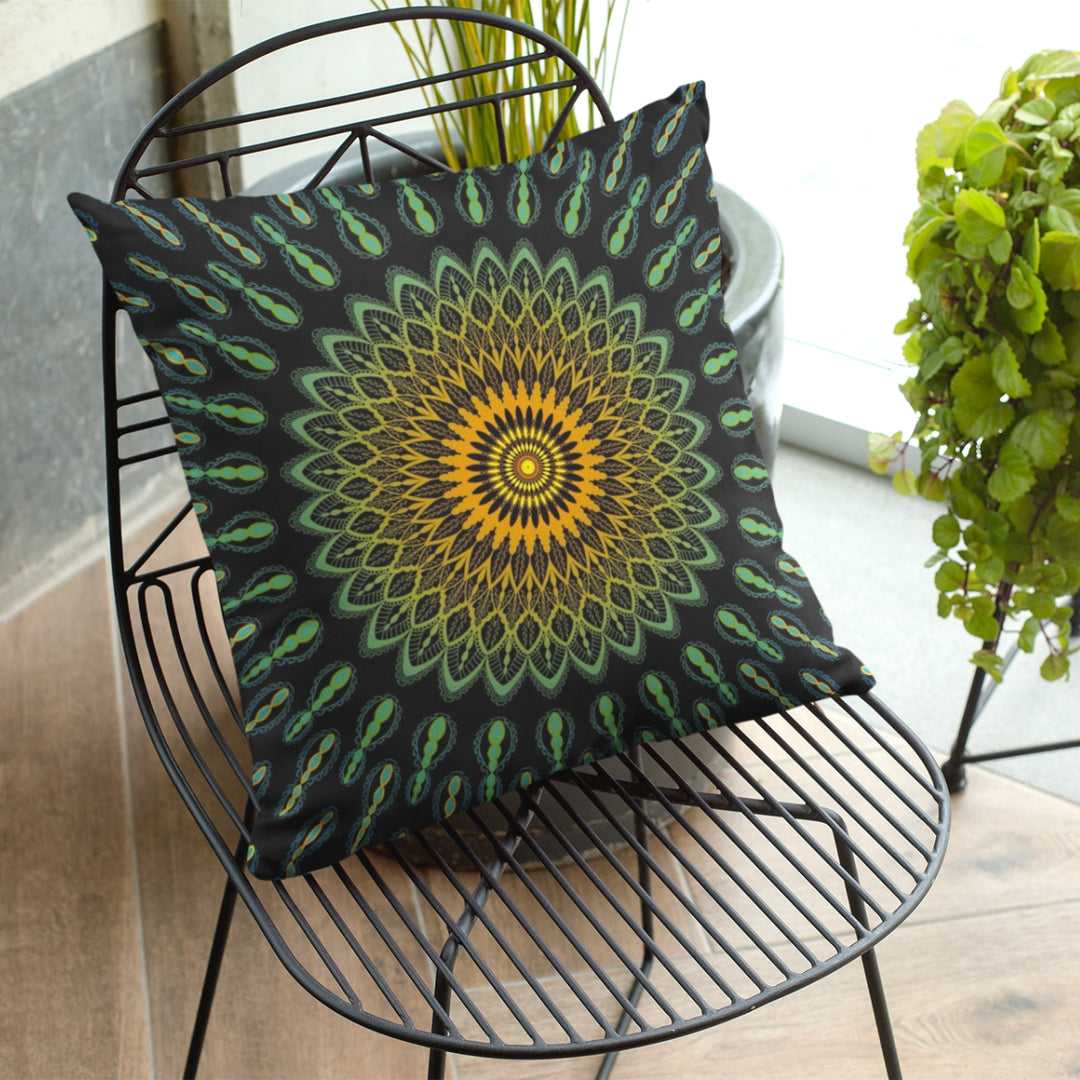 Garden Charisma: Green and Yellow Mandala Embellished Pillow Cover