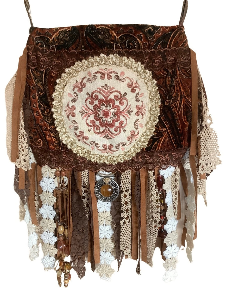 Luxurious Velvet Boho Fringe Bag - Brown, Black, and Beige Elegance