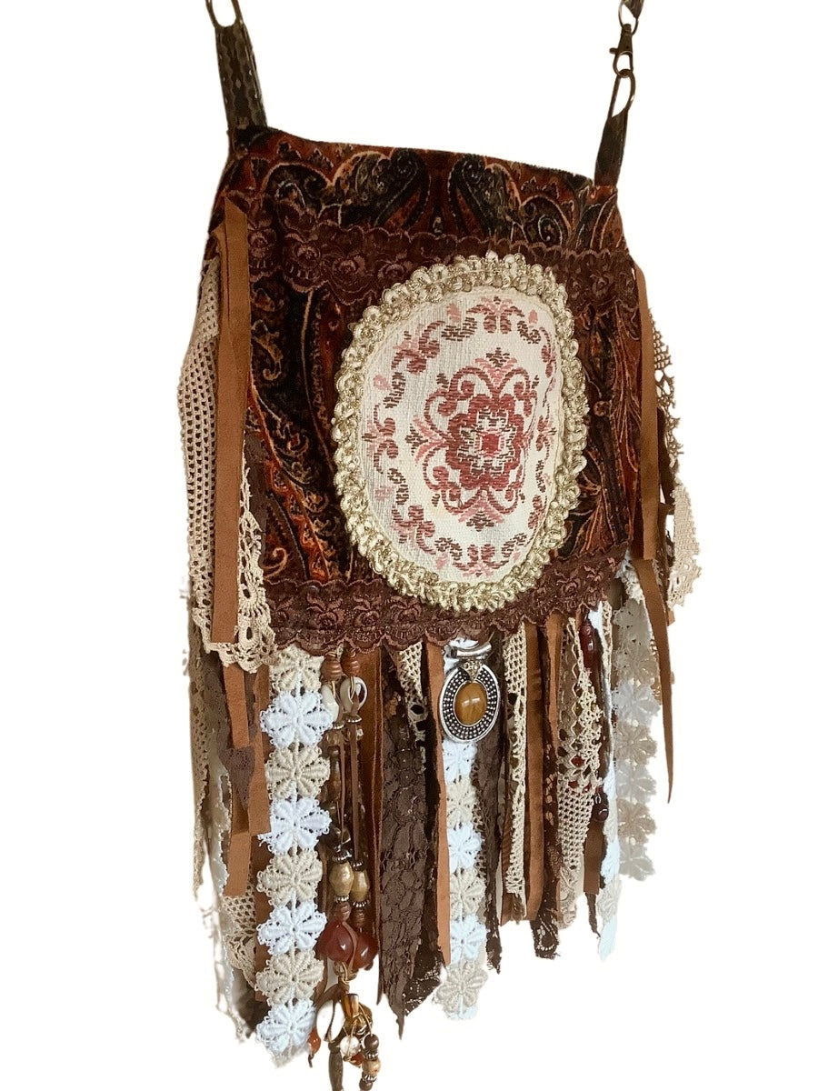 Luxurious Velvet Boho Fringe Bag - Brown, Black, and Beige Elegance