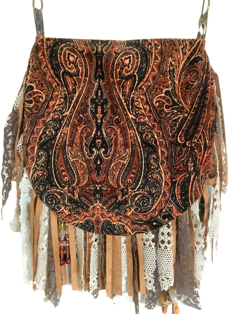 Luxurious Velvet Boho Fringe Bag - Brown, Black, and Beige Elegance