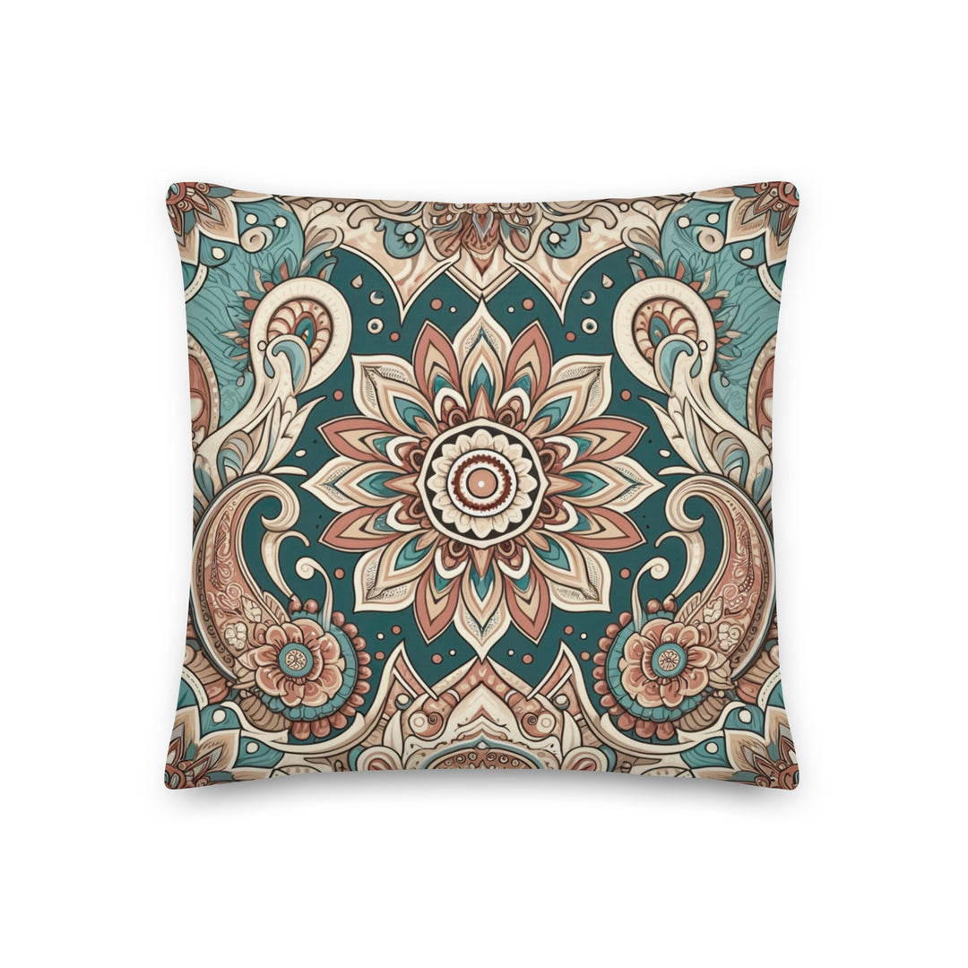 A decorative pillow with an intricate mandala and paisley design in rich teal, cream, and brown hues, set against a teal background.