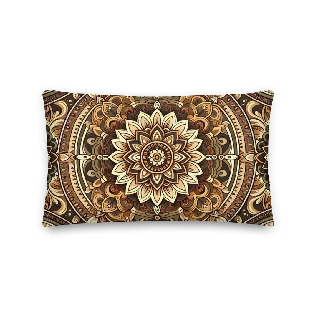 A decorative pillow with a detailed mandala design in rich golden, bronze, and brown hues