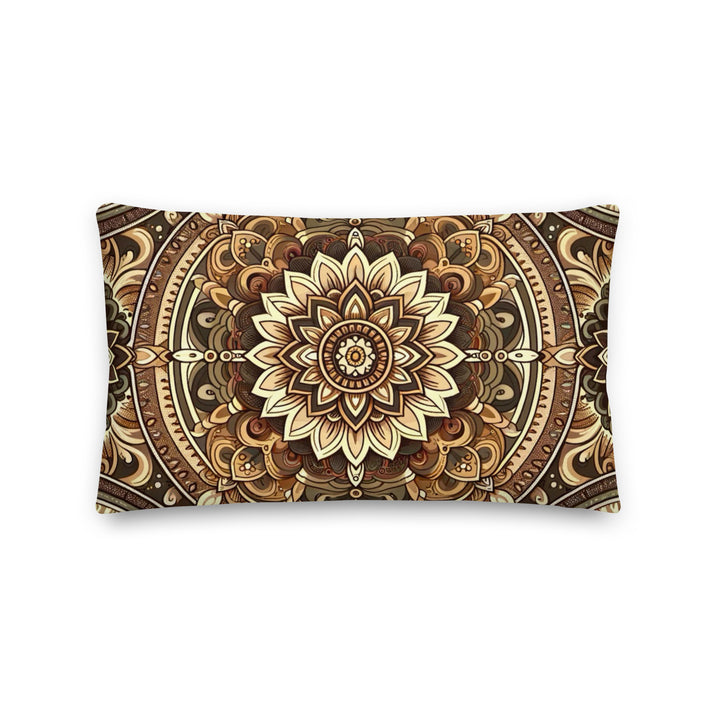 A decorative pillow with a detailed mandala design in rich golden, bronze, and brown hues