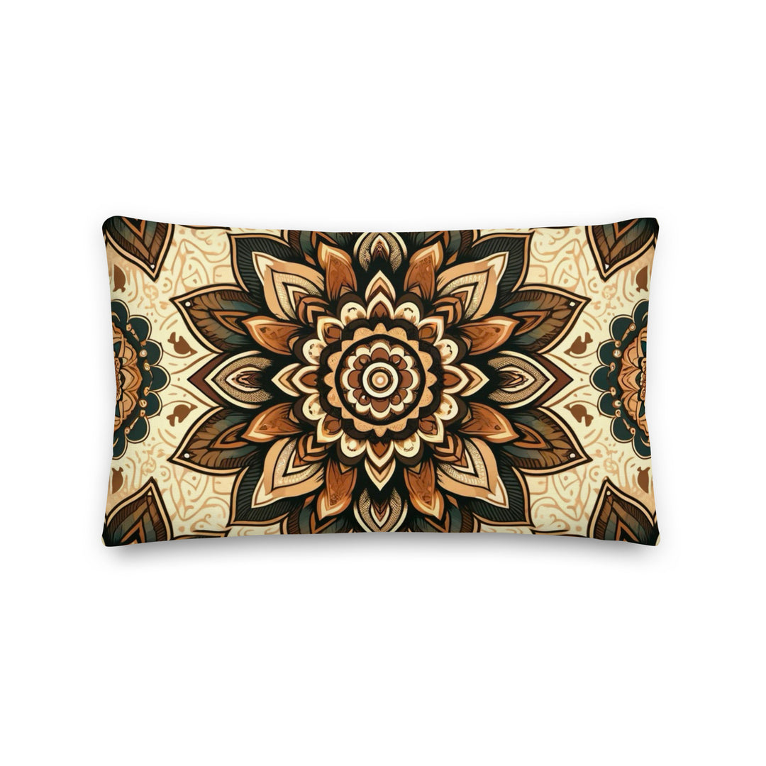 A decorative pillow with a detailed mandala design in warm, earthy tones of brown, gold, and cream, set against a light background.