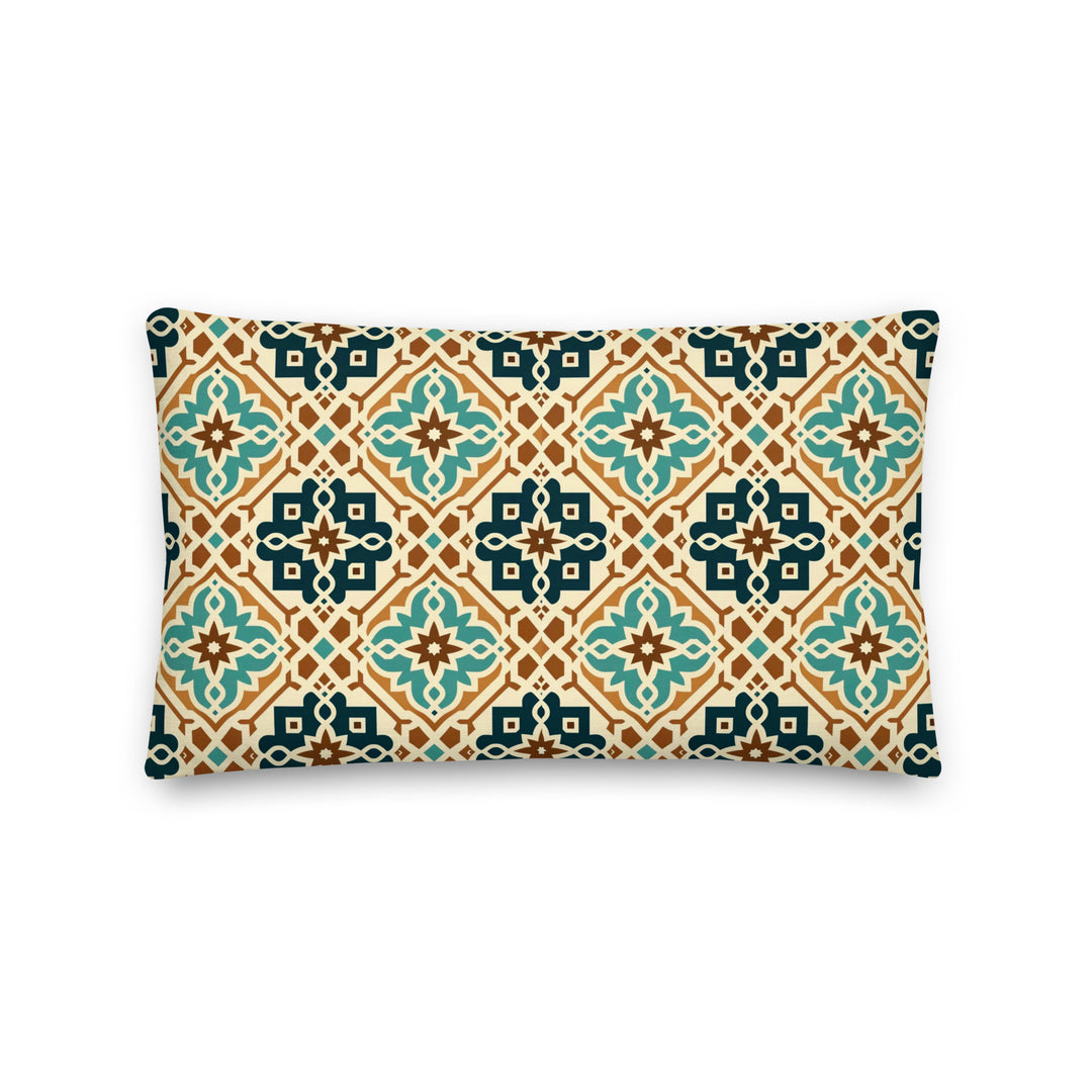 A decorative pillow with an intricate geometric pattern featuring teal, brown, and cream colors, inspired by traditional Moroccan and Mediterranean tile designs