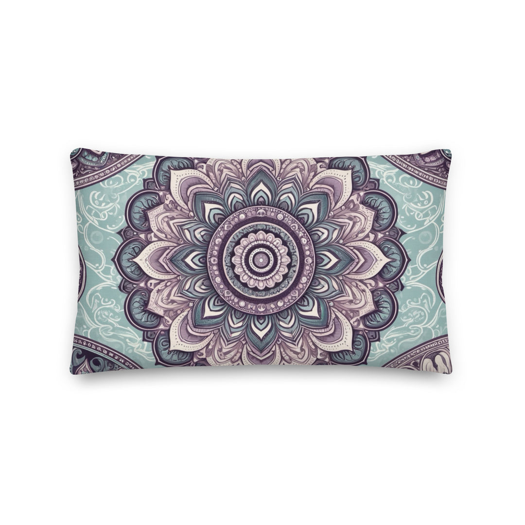 Decorative throw pillow with intricate mandala design in soft blue and vintage pink