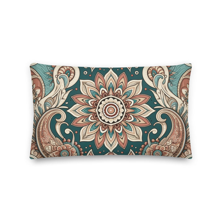 A decorative pillow with an intricate mandala and paisley design in rich teal, cream, and brown hues, set against a teal background.