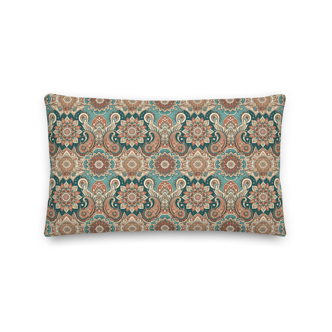 A decorative pillow with an intricate paisley and mandala pattern in muted turquoise, brown, and cream hues, set against a light background.