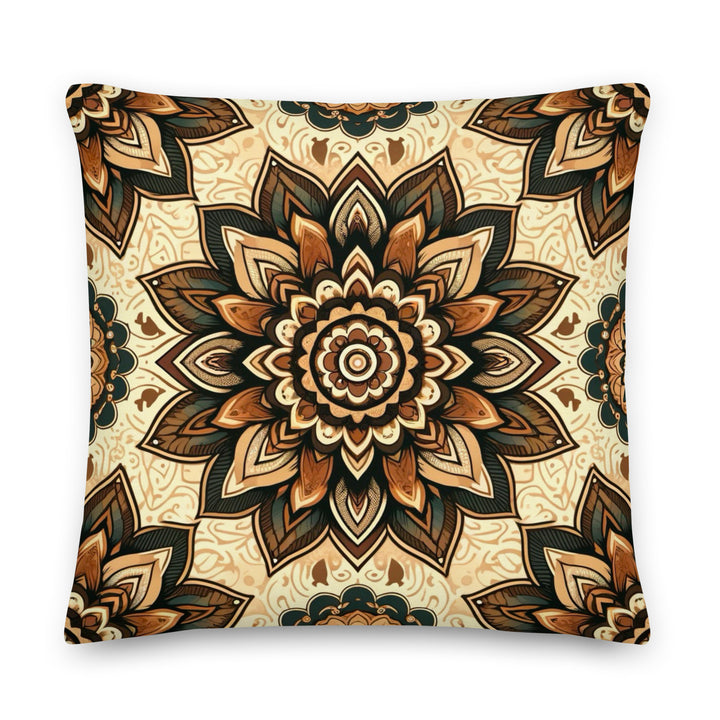 A decorative pillow with a detailed mandala design in warm, earthy tones of brown, gold, and cream, set against a light background.