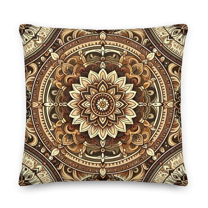 A decorative pillow with a detailed mandala design in rich golden, bronze, and brown hues