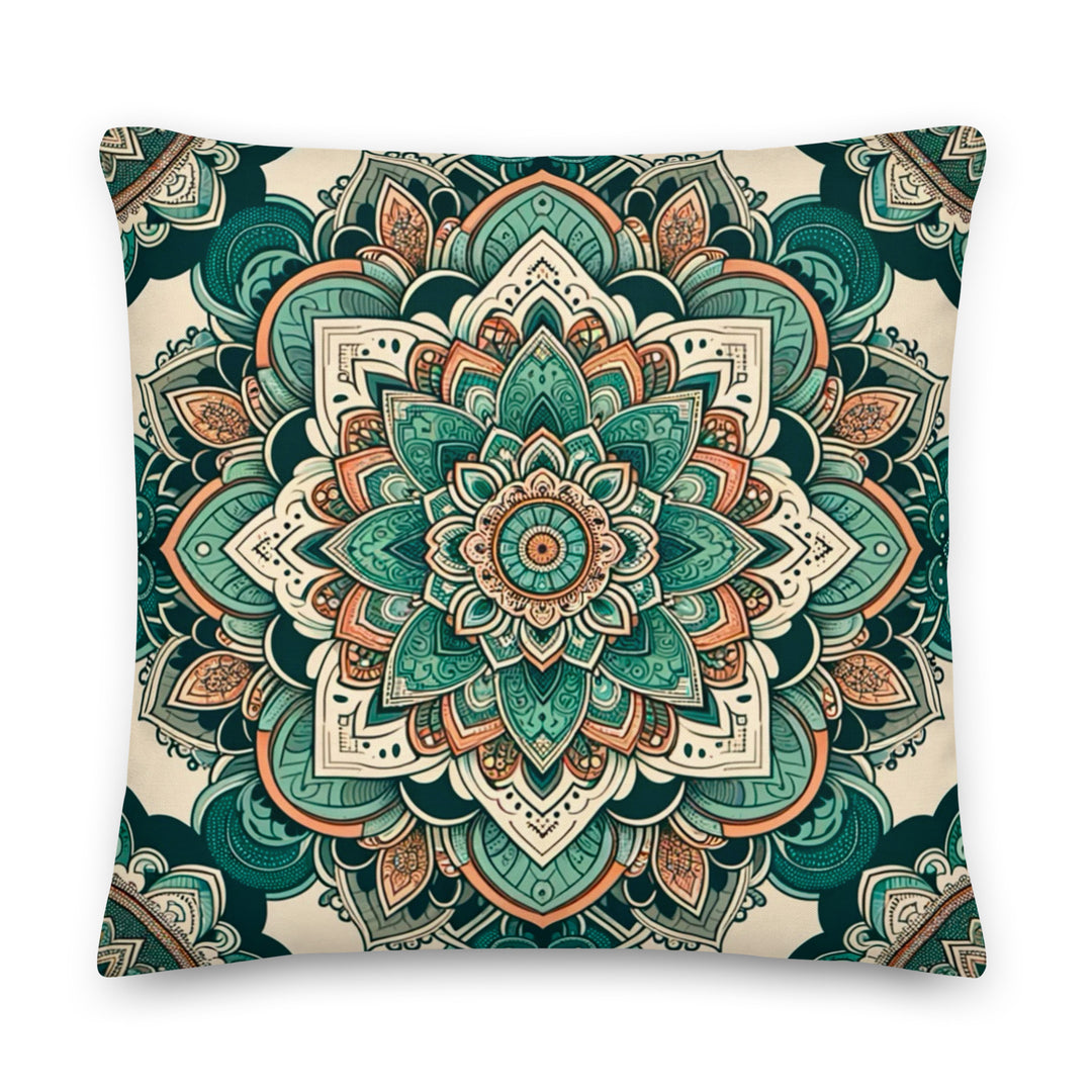 pillow with flower mandala design in the colors green, orange and sand