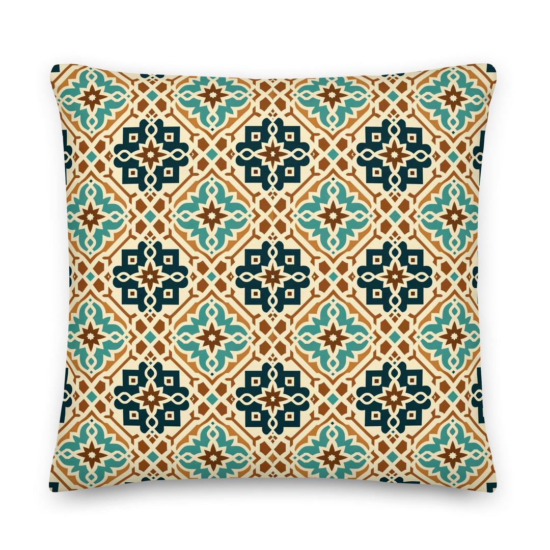 A decorative pillow with an intricate geometric pattern featuring teal, brown, and cream colors, inspired by traditional Moroccan and Mediterranean tile designs