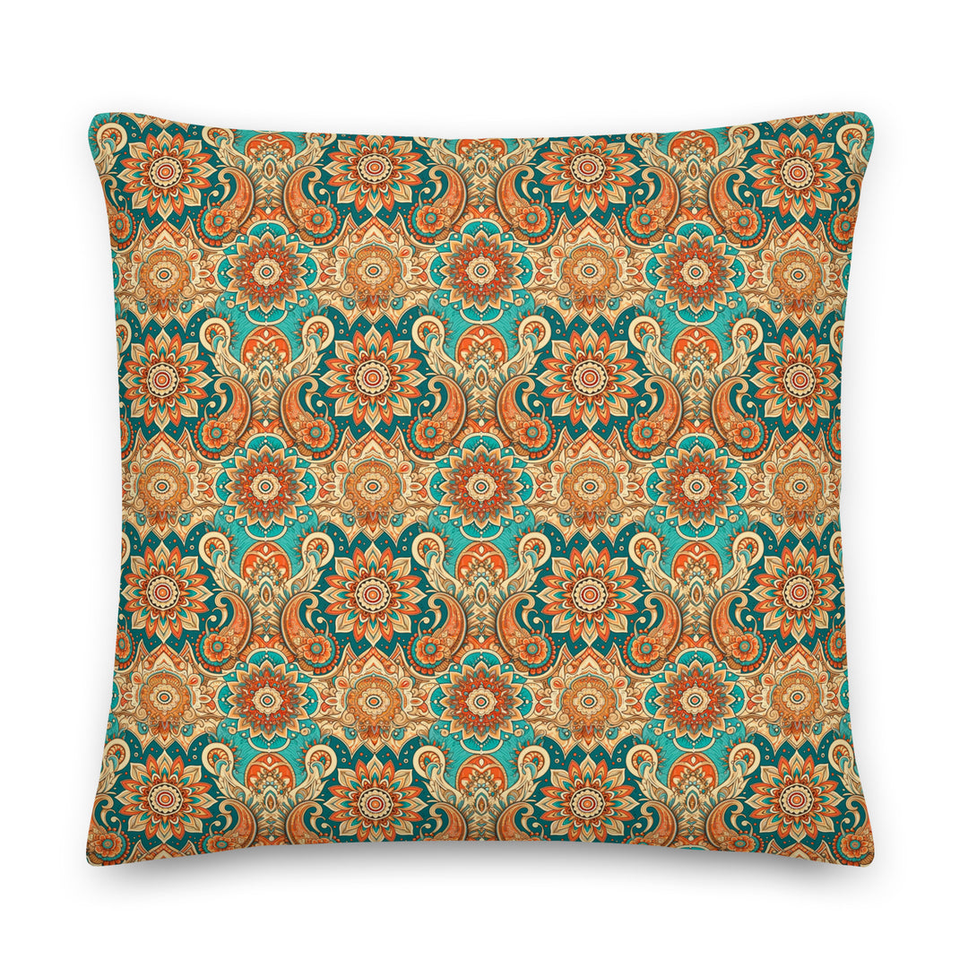 A decorative pillow with an intricate paisley and mandala pattern in vibrant hues of turquoise, orange, and gold, set against a light background.