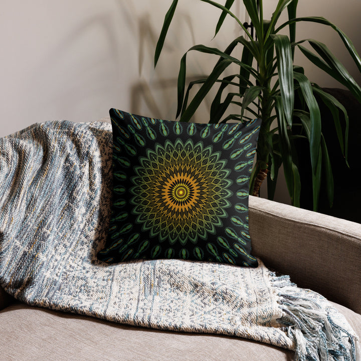 Garden Charisma: Green and Yellow Mandala Embellished Pillow Cover