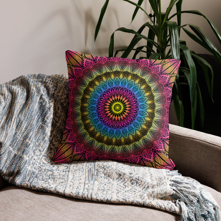 Color Burst: Vibrant Mandala Pillow Cover in Pink, Blue & Yellow